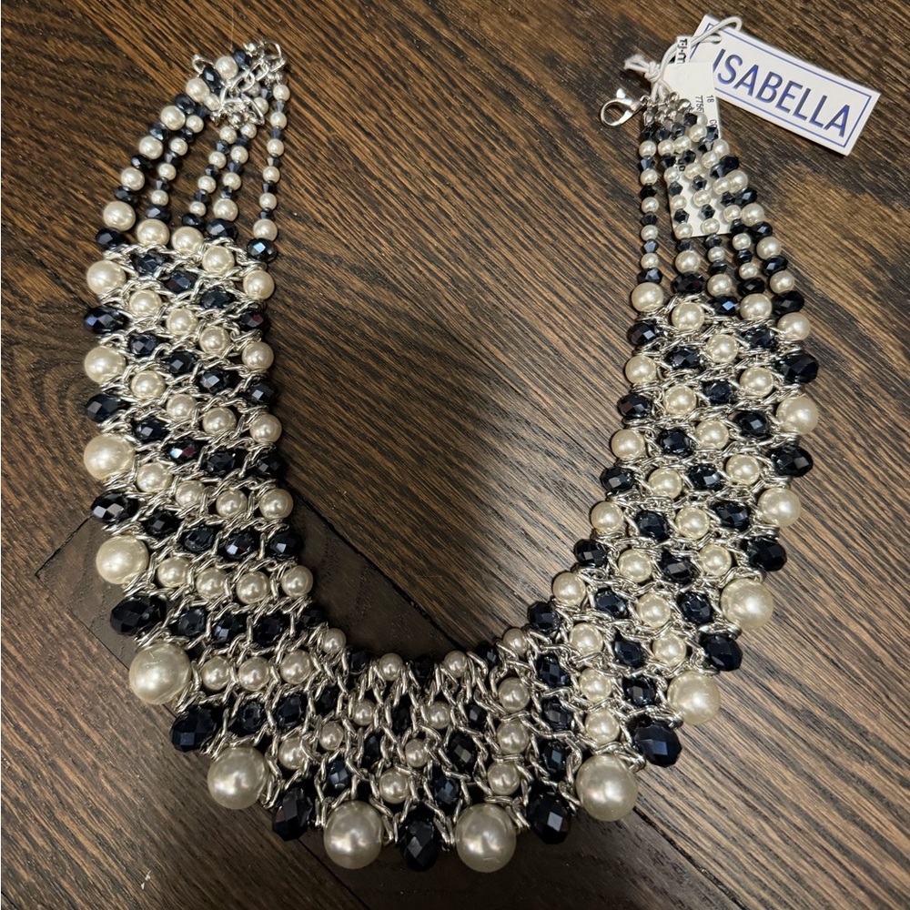 T.J.Maxx Isabella Pearl and Navy Statement Beaded Necklace